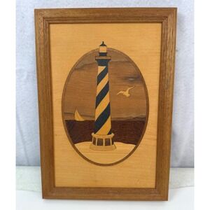 Hudson River Inlay Hatteras NC Lighthouse Wood Marquetry Art Mahogany Signed
